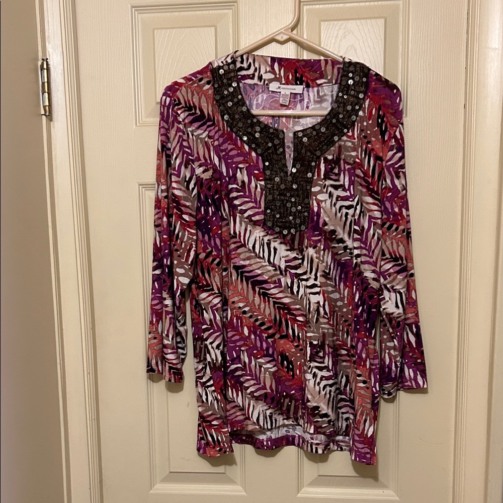 JM Collection Purple and Red Leaf Print Tunic